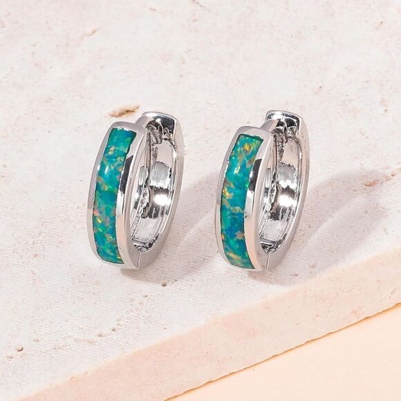 14K White Gold with Genuine Green Fire Opal Huggie Hoop Snap Hinge Earrings - Picture 2 of 5